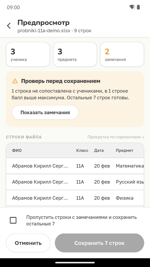 Предпросмотр загрузки: счётчики, предупреждение «Проверь перед сохранением», строки файла