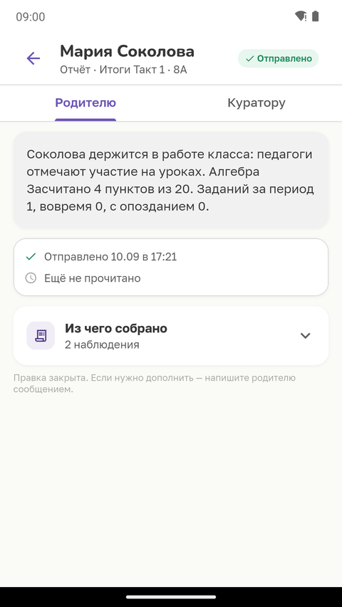 Отчёт: вкладки адресатов, текст, «Подтвердить и отправить»